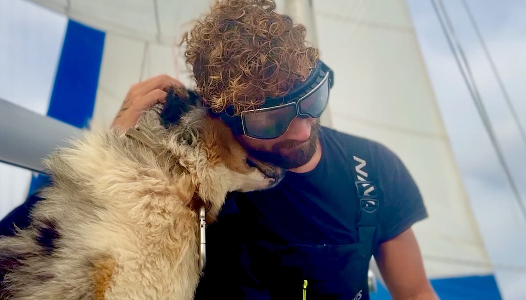 Casper pressing his face into Captain Kimmer on a sailboat